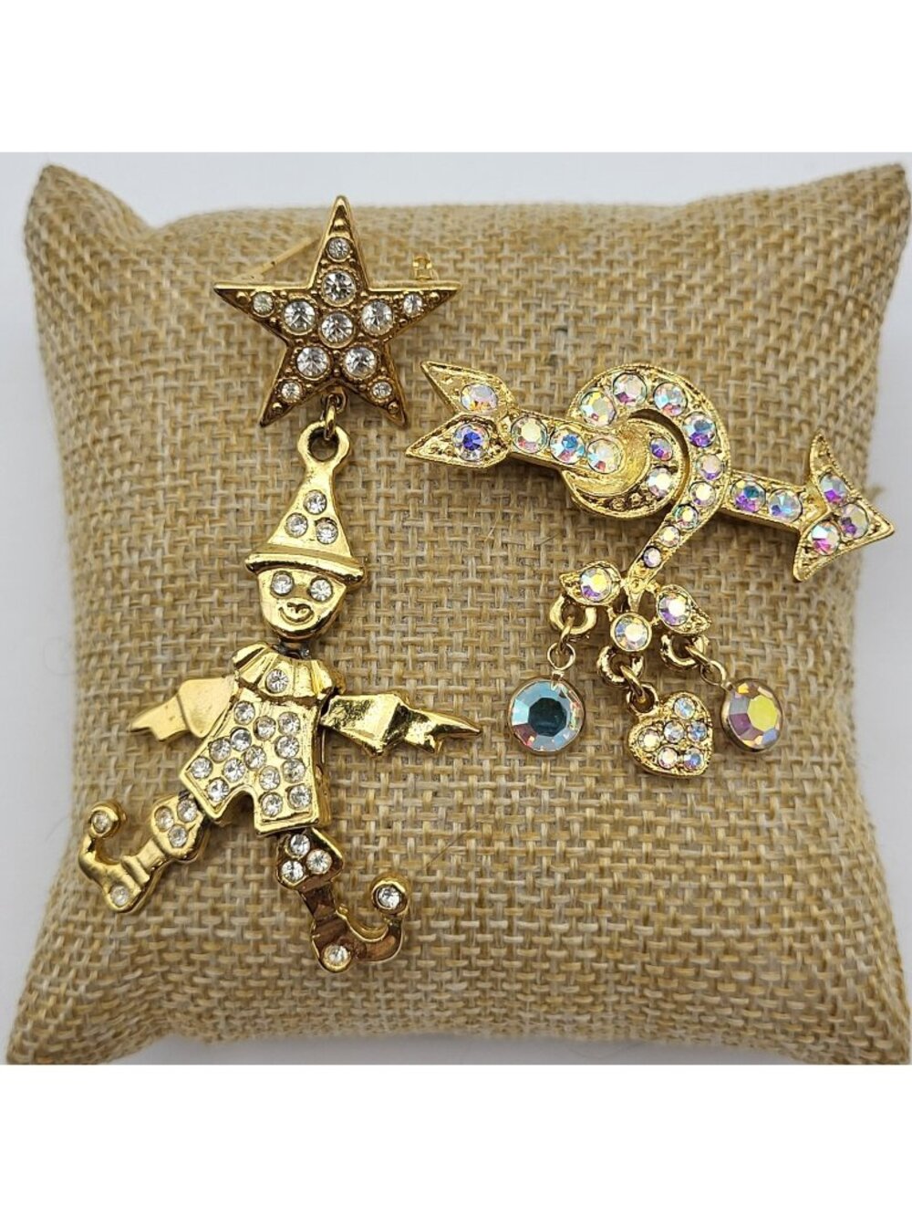 Fab Kirks Folly Rhinestone Brooch pin lot of 2 Clown Star Charm Dangle